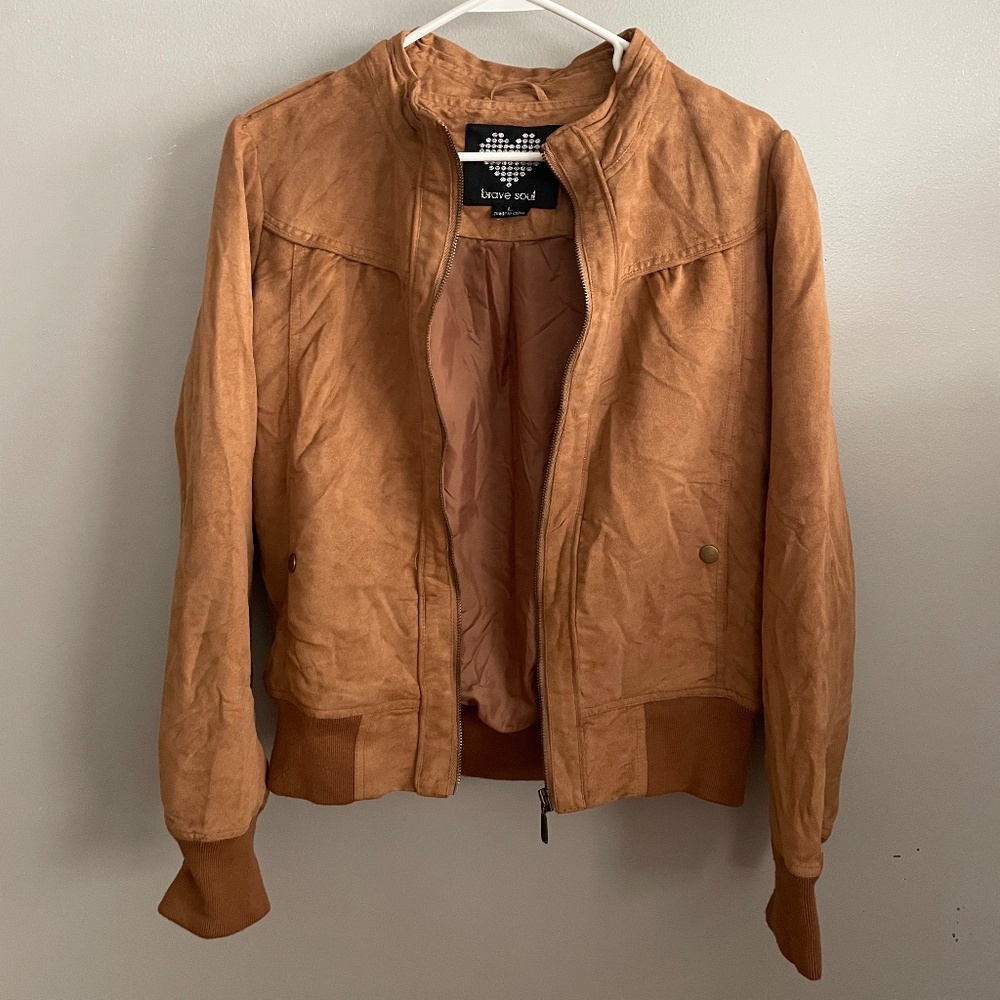 Brave Soul Woman's Zip Up Motorcycle Jacket Size L Brown Faux Leather